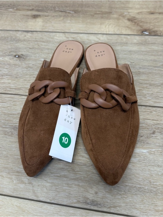 a new day Shoes - A New Day Brown Suede Chain-Accent Pointed Mules Women’s 10 Slip On Office
